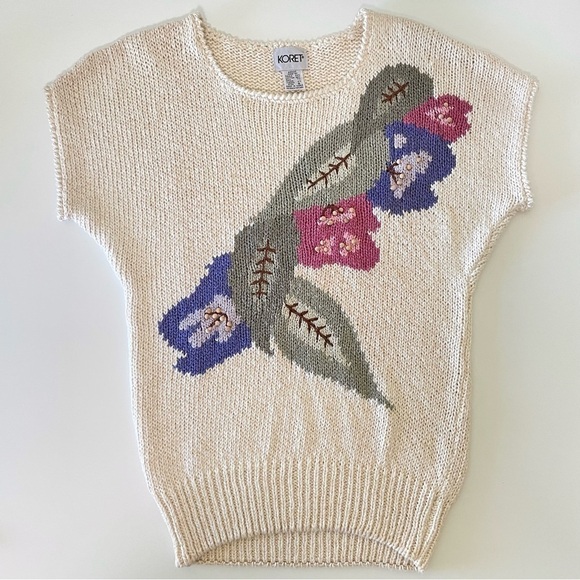 Vintage Koret Floral Knit Short Sleeve Sweater Top Ramie Cotton Silk Cream Small - Picture 7 of 11
